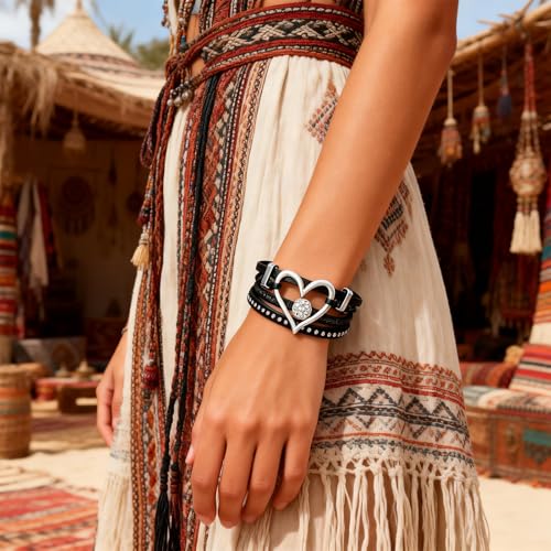 Long tiantian Leather Bracelets for Women Warp Bracelet Stackable Boho Layered Bracelet Chunky Heart Trendy Birthday Gifts for Her - color: A3:Boho Jewelry for Women (Black)