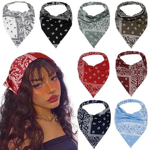 WOVOWOVO 8 Pcs Hair Scarf Headband for Women Girls Non Slip Elastic Boho Triangle Head Scarf Bandana - color: Cozy Boho Paisley