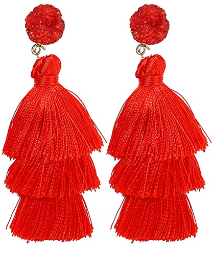 Tassel Earrings for Women - Colorful Layered Tassle Dangle Drop Earrings - color: Red