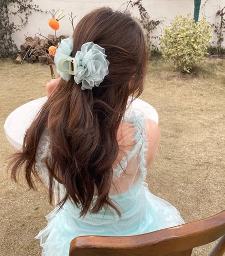 Large Chiffon Rose Flower Hair Claw Clips Boho Mesh Floral Hair Pins Barrettes Strong Hold Non-Slip Beach Vacation Hair Accessories for Women (Green Rose Flower Hair Clips) - color: Green Rose Flower Hair Clips