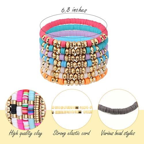 XIANNVXI 7pc Heishi Clay Bead Bracelets for Women Gold Plated Beaded Bohemian Stackable 6.8In Stretch Bracelets Elastic Layering Friendship Jewelry Boho Gift Set - color: Brown
