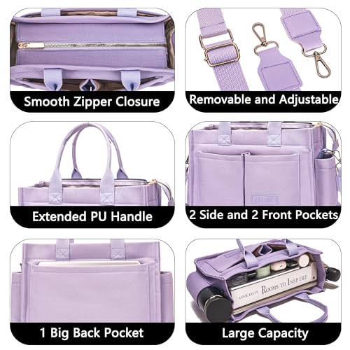 ZHMO Canvas Tote Bag for Women,Women's Bags Crossbody Bags Work Laptop Tote Bag Large Handbags Purse for Travel Nurse Teacher - color: New Upgrade Plus Purple With Compartments and Inner Cup Holders