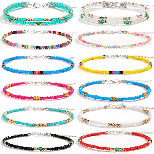 XIJIN 8Pcs Handmade Beaded Anklets for Women Boho Colorful Beads Ankle Bracelets Adjustable Foot Anklet Set - color: D