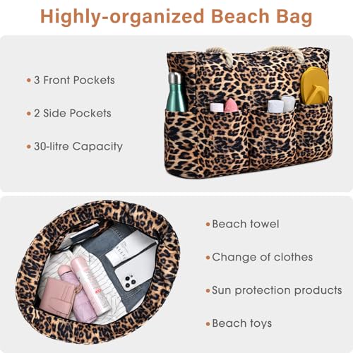 Becokan Beach Bags for Women Canvas Large Beach Tote Bag Zipper Waterproof Sandproof Foldable Swim Pool Bag with 7 Pockets - color: Leopard