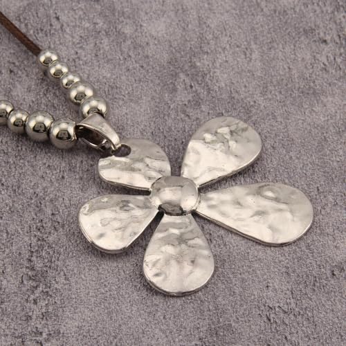 Bohemian Women's Leather Long Pendant Necklace Sweater necklace Adjustable Retro Woven Handmade Jewelry - color: Silver Flower
