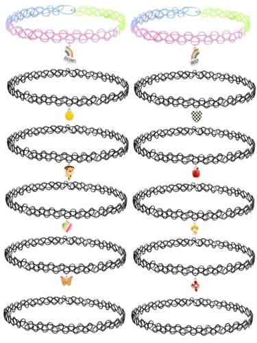BodyJ4You 12PC Tattoo Choker Necklace for Women - 90s Choker Necklaces Y2K Fashion Trendy Vintage - Emo Black Choker Rainbow Pink White Purple Neon Green Blue Daisy Flower - color: Black, Rainbow