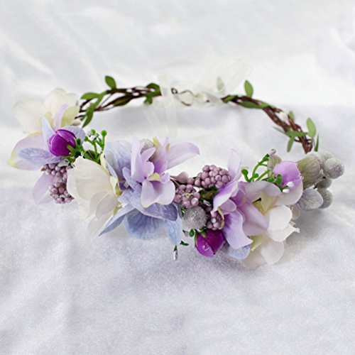 Vivivalue Floral Crown Headband Flower Headpiece Hair Wreath Floral Halo Boho with Ribbon Wedding Party Photos Prom Lavander - color: 75