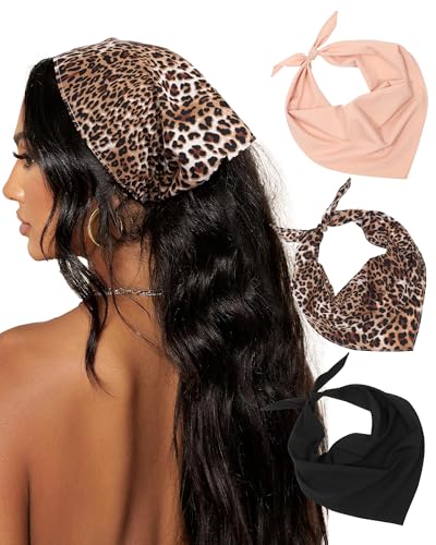 AWAYTR 3Pcs Hair Bandanas Head Kerchief for Women Girls Tie-Back Boho Hair Scarf Headband Bandana Triangle Head Scarf - color: Khaki + Black + Leopard Brown