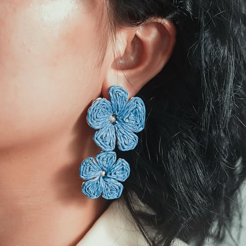 Boho Flower Earrings Statement Raffia Dangle Earrings Cute Floral Jewelry Trendy Summer Beach Vacation Outfits for Women - color: Royal Blue
