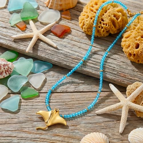 Seashell Starfish Necklace for Women Conch Shell Summer Pearl Beach 14k Gold Layered Dainty Choker - style: Manta Ray