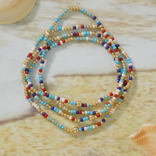 Boho 4Pcs Stack Colorful Small Seed Beaded Bracelets Set for Women, Cute Handmade Dainty Trendy Gold Plated Stretch Accessories Thin Glass Jewelry, Summer Daily Party Friendship Gift - color: Aqua Blue