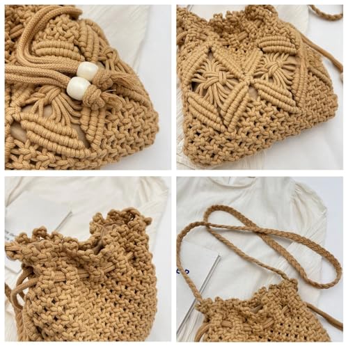 Drawstring Crochet Crossbody Bag for Women, Handwoven Cotton Straw Boho Shoulder Purse Travel Handbag