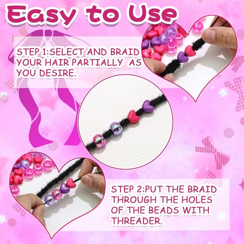 60PCS Heart Hair Beads Purple Hot Pink Loc Bead Valentine's Day Accessories Lovely AB Round Beads for Dreadlock Cute Acrylic Pony Bead for Kids Girls - color: Purple&Hot Pink