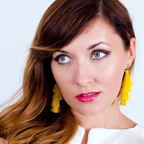 BaubleStar Tassel Earrings Handmade Tiered Thread Tassel Dangle Earrings, Multi Colors - color: Yellow