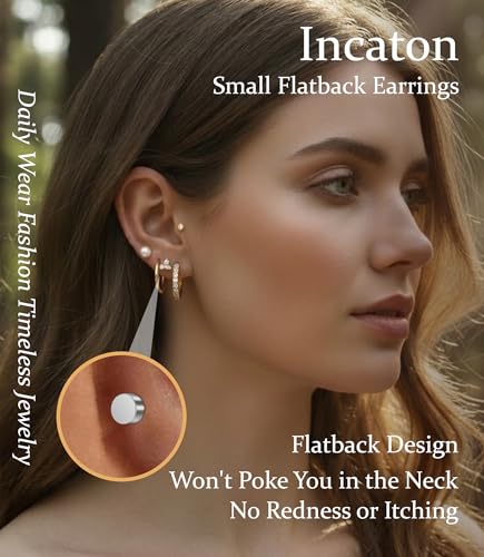 Incaton Hypoallergenic Flat Back Earrings for Women Silver 14K Gold Plated Surgical Stainless Steel Stud Earrings Cubic Zirconia Cartilage Studs Earrings For Multiple Piercing Sensitive Ears - color: B-Silver