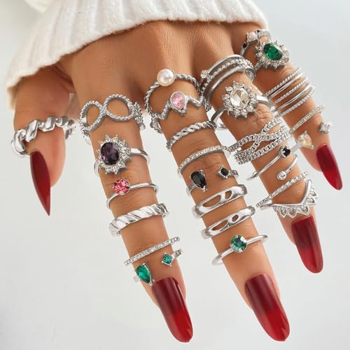 Vintage Gold Knuckle Rings Set for Women Sparkling Colorful Crystal Gemstone Rings Boho Stackable Open Ring Set Fashion Jewelry Accessary - color: Silver