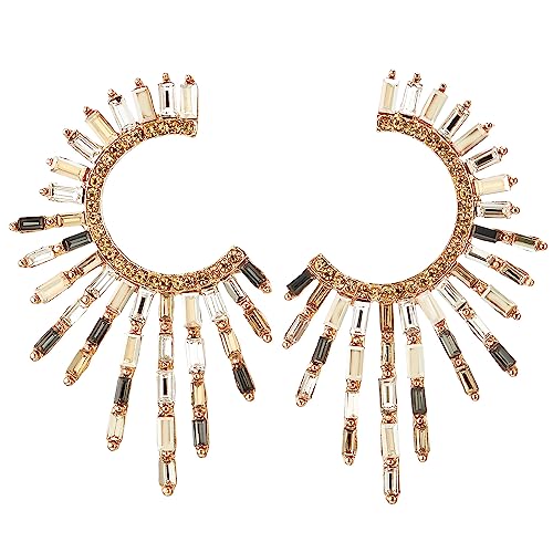 Women's Gold-Tone Crystal Fringe Hoop Earrings, Sunburst Crescent Baguette Crystal and Rhinestone Statement Jewelry