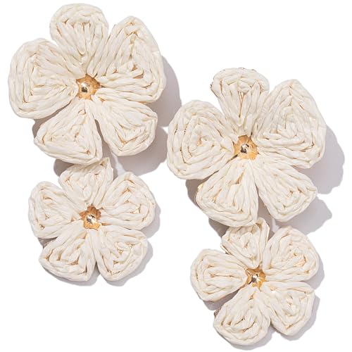 Boho Flower Earrings Statement Raffia Dangle Earrings Cute Floral Jewelry Trendy Summer Beach Vacation Outfits for Women - color: Ivory
