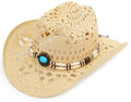 Straw Cowboy Hat, Western Cowgirl Hat, Wide Brim Sun Beach Hat for Men and Women - color: Beige-m23