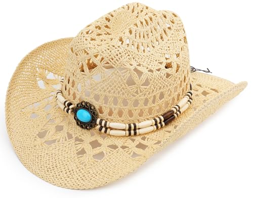 Straw Cowboy Hat, Western Cowgirl Hat, Wide Brim Sun Beach Hat for Men and Women - color: Beige-m23