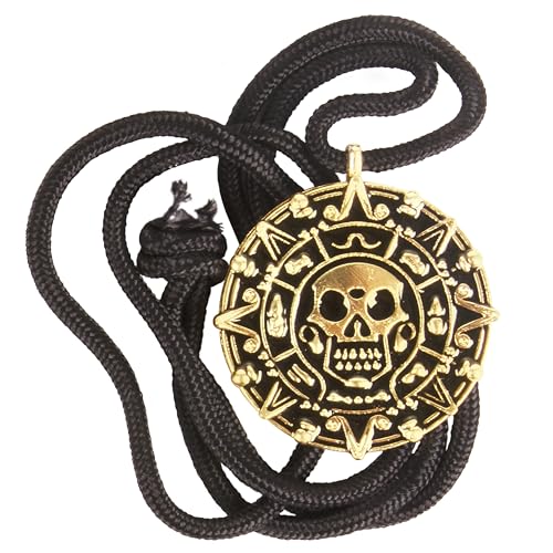Giraffe Manufacturing Antique Coin Necklace - Medallion Skull Pendant with Black Cord Gold Pirate Accessories Women, Pirate Cosplay Halloween Jewelry for Women & Men for Costume Parties & Gifts
