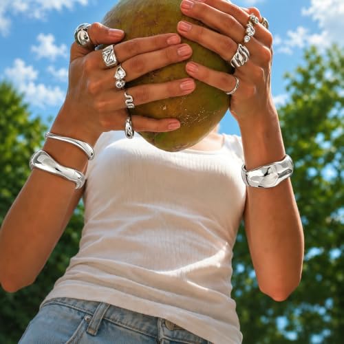 Chunky Gold Bangle Bracelets for Women Trendy 14K Gold Plated Cuff Bracelets Stack, Dainty Gold Bracelet Sets Non Tarnish Fashion Jewelry Gift - style: Silver-3pc-013