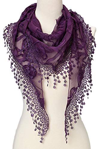 Cindy & Wendy Floral Embroidered Lace Triangle Scarf for Women - color: Purple
