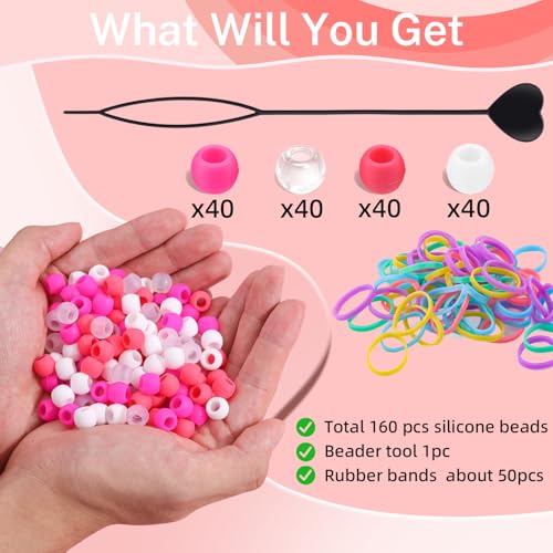 160Pcs 10mm Small Silicone Beads for Hair Braids, Soft Jellyish Pony Hair Beads with 5mm Hole + 50 Rubber Bands and 1 Beader for Braiding, DIY Bracelets Necklaces Crafts (Dark Pink) - color: Dark Pink Mix-160Pcs