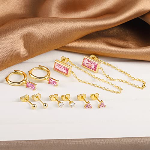BOUTIQUELOVIN 14K Gold Stud Earrings Set for Women, for Multiple Piercing Silver Plated Studs Earrings and Zirconia Earring Set Small Huggie Hoop Chain Earing - color: 6Pairs Pink