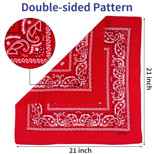 6 Pack Pure Cotton Bandana, Multi-Purpose Square Handkerchief, Face Mask headband for Men and Women - color: Red