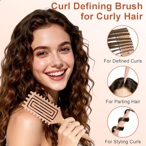 Curly Hair Brush, Curl Defining Brush with Soft Boar Bristles Detangling Tangled Glides, Wide-Teeth Design Effortlessly Shaping & Defining Curls, Curling Definer for Wet & Dry Hair (Beige) - color: Beige