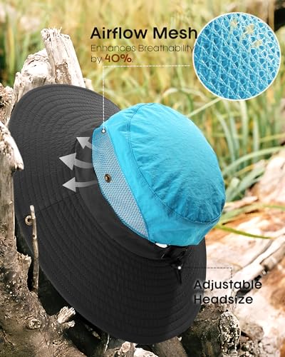 FURTALK Womens Sun Hat with Ponytail Hole Beach Hiking Summer Wide Brim UPF 50+ Outdoor Protection Foldable Bucket Hat - color: Blue