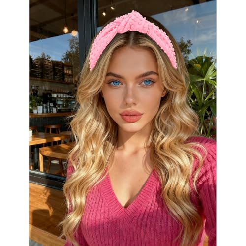 YISSION Pink Knotted Headband for Women - Wide Beaded Hair Hoop, Romantic Valentine's Day Hair Accessory for Daily Wear, Dating & Casual Outfits - color: Light Pink