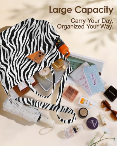 Miss Adola Crossbody Corduroy Tote Bag for Women, Large Tote Bag with Multi-Pockets and Zipper for Travel Work - color: Zebra Print