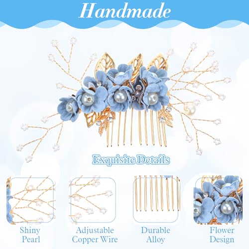 5 Pcs Bridal Hair Comb Pins Wedding Hair Piece Blue Flower Rhinestone Hairs Clips for Women Vintage Blue Wedding Accessories Floral Bun Updo Hairs Comb for Weddings Party Brides Bridesmaid Women