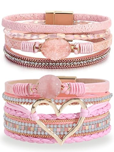 Long tiantian Leather Bracelets for Women Warp Bracelet Stackable Boho Layered Bracelet Chunky Heart Trendy Birthday Gifts for Her - color: B30:2 Bracelet Sets for Teen Girls(Pink)