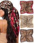 Mesovor 35” Square Head Scarf for Women, 3 Pack Like Silk Satin Headscarf Hair Neck Scarf Top Bandanas for Sleeping - color: Leopard(red/Coffee/Khaki)