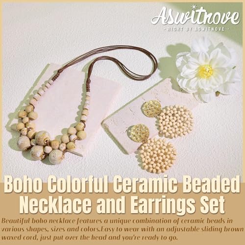 2 Pcs Hippie Boho Colorful Ceramic Beaded Necklace and Earrings Set for Women Adjustable Chunky Round Beads Strand Statement Necklace Colorful Summer Beaded Earrings Bohemian Jewelry Gift - color: Beige
