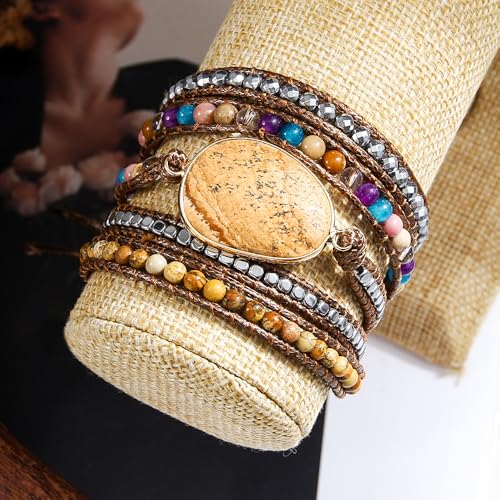 Women Wrap Bracelet Boho Natural Jasper Crystal Stone Beads Strand Bracelets - color: Picture Stone