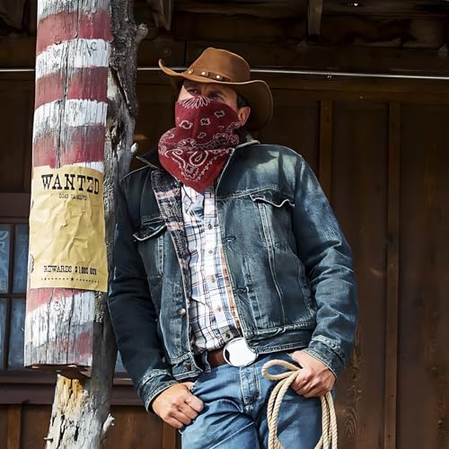 Western Bandana Scarf With Vintage Coin Buckle, Paisley Pattern Neck Scarf for Men Pocket Square Cowboy Scarves - color: Wine Red