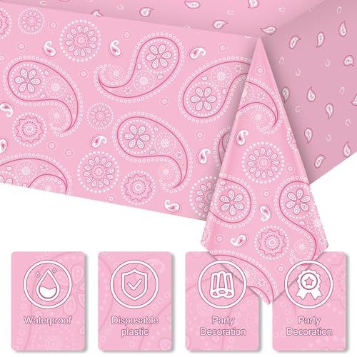 Tatuo Western Party Tablecloth Paisley Table Cover Bandana Plastic Table Cloth Rectangle Floral Tablecloth for Western Cowboy Themed Party 108 X 54 Inch(Deep Rose,Light Rose,Cow Pattern,3 Pack) - color: Deep Rose,light Rose,cow Pattern
