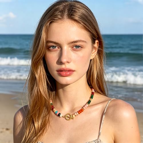 Colorful Beaded Necklace for Women Gemstone Bead Chokers Toggle Boho Natural Stone Surfer Necklaces Summer Beach Jewelry - color: B-Pink&Orange