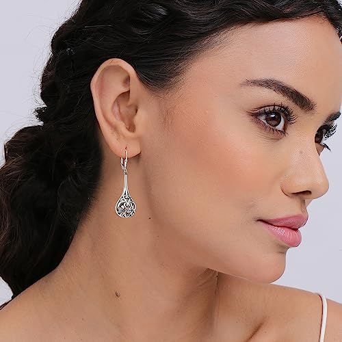 LeCalla 925 Sterling Silver Leverback Drop Earrings | Lightweight Celtic-Knot Filigree Heart Teardrop Dangle Earring for Women's Gift for Her - color: Long Filigree Bali Inspired