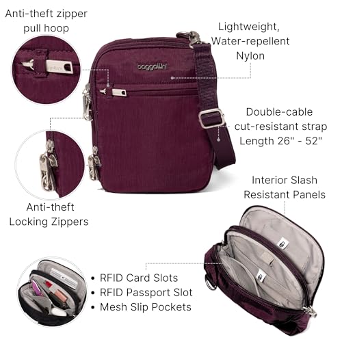 Baggallini Securtex® Anti-theft Mini Everything Crossbody Bag, 6.3"x8.25" Rfid, Locking Zippers & Cut-resistant Strap - color: Mulberry