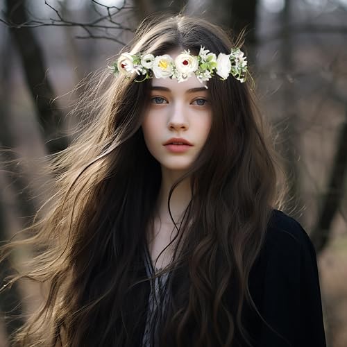 Vivivalue Women Flower Crown Flower Garland Headband Hair Wreath Floral Headpiece Halo Boho with Ribbon Wedding Party White - color: 69