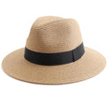 DRESHOW Women Straw Panama Hat Travel Fedora Beach Sun Hat Summer Wide Brim Straw Roll up Hats UPF 50+ - color: Fedora a Khaki