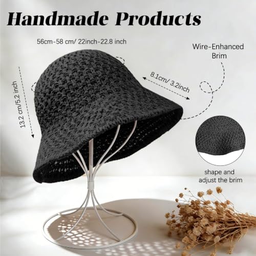 Sun Hat for Women Beach Hat Straw Bucket Hat Summer UV Protection, Packable Breathable Crochet Style - color: 1pack-black