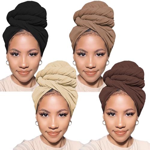 Head Wraps for Black Women African Head Wrap Lightweight for Women Long Plain Turban Hair Scarf Scarves - color: 4 Pcs-black,camel,beige,dark Coffee