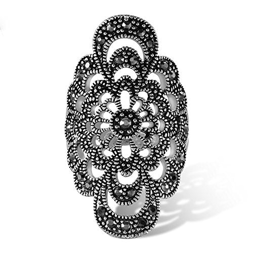 Women's Black Rings Vintage Rings Statement Rings for Women Band Marcasite Crystal Rings for Women - color: Siler2