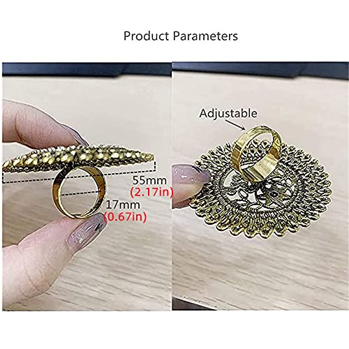 Dtja Vintage Big Round Statement Ring for Women Girls Boho Antique Mosaic Crystal CZ Expandable Open Wrap Finger Rings Adjustable Comfort Fit Indian Bollywood Style Exaggerated Jewelry - style: Flower